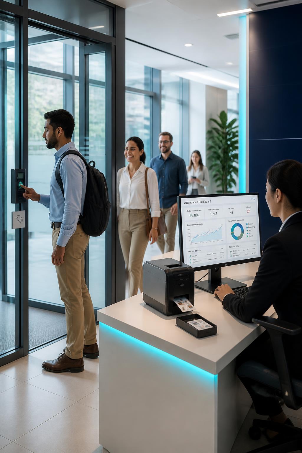 Empleados utilizando control de acceso, asistencia y credencialización integrados en una oficina